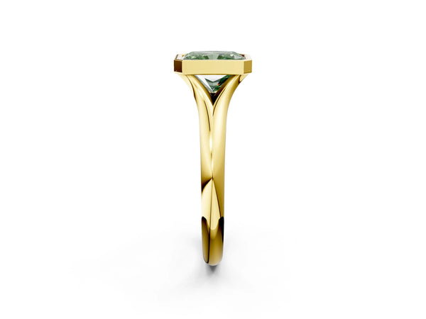Yellow gold Bezel Set Fancy Green Radiant  Solitaire Diamond Ring with Smooth Band