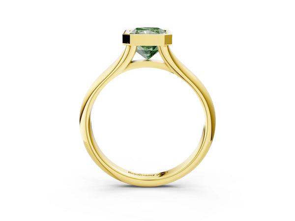 Yellow gold Bezel Set Fancy Green Radiant  Solitaire Diamond Ring with Smooth Band