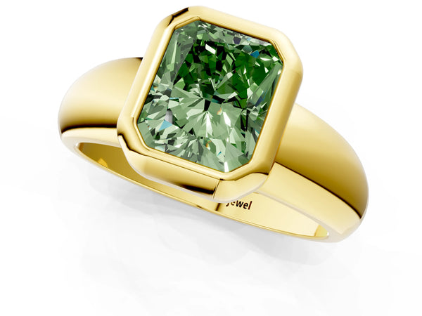 Yellow gold Bezel Set Fancy Green Radiant  Solitaire Ring with Wide Band