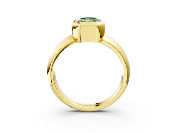 Yellow gold Bezel Set Fancy Green Radiant  Solitaire Ring with Wide Band