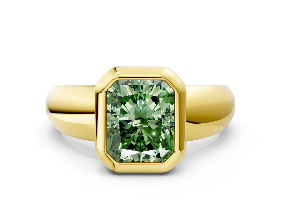 Yellow gold Bezel Set Fancy Green Radiant  Solitaire Ring with Wide Band