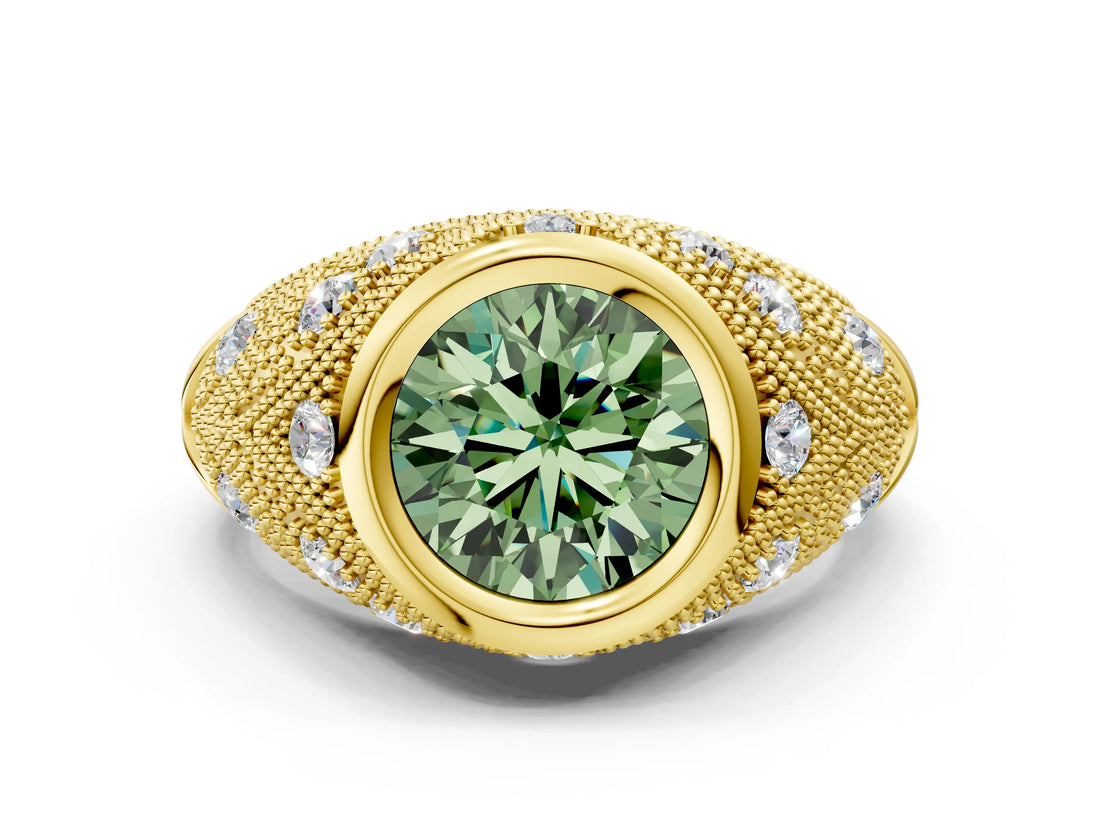 Yellow gold Bezel Set Fancy Green Round Cut Diamond Milgrain Band Ring