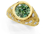Yellow gold Bezel Set Fancy Green Round Cut Diamond Milgrain Band Ring_1