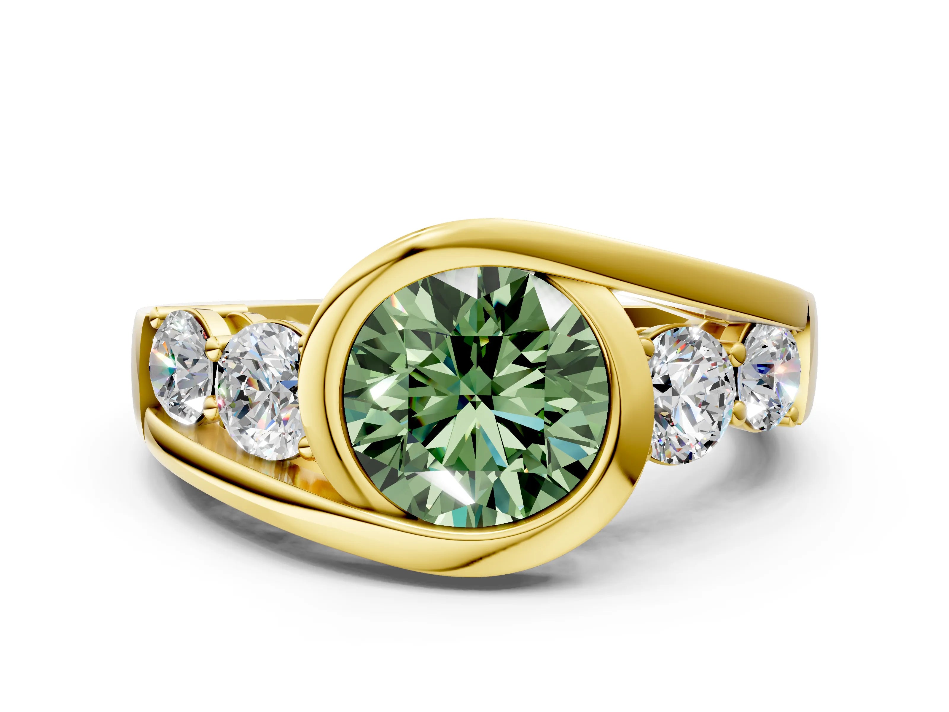 Yellow gold Bezel Set Fancy Green Round Cut Diamond Split Shank Ring
