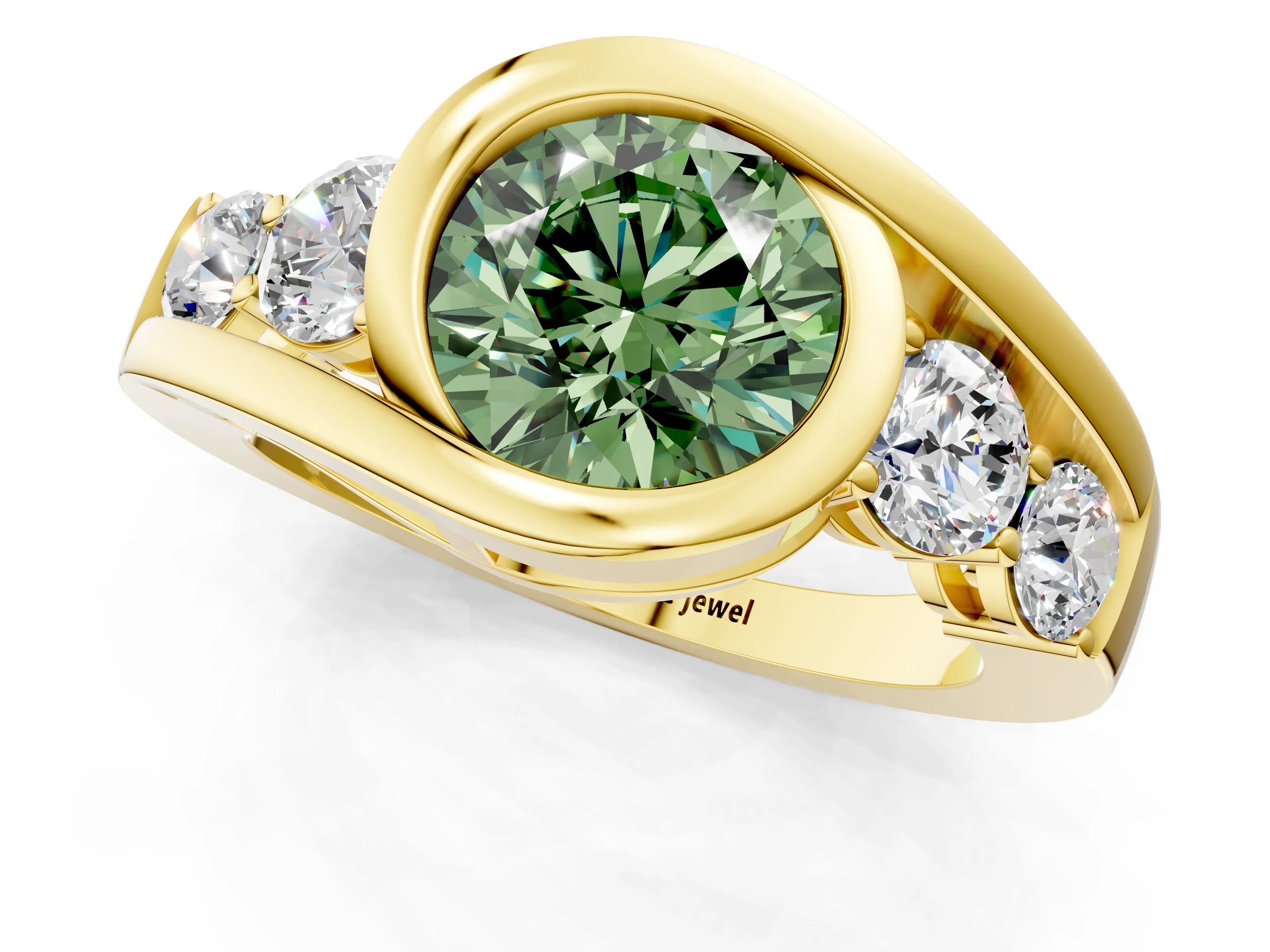 Yellow gold Bezel Set Fancy Green Round Cut Diamond Split Shank Ring_1