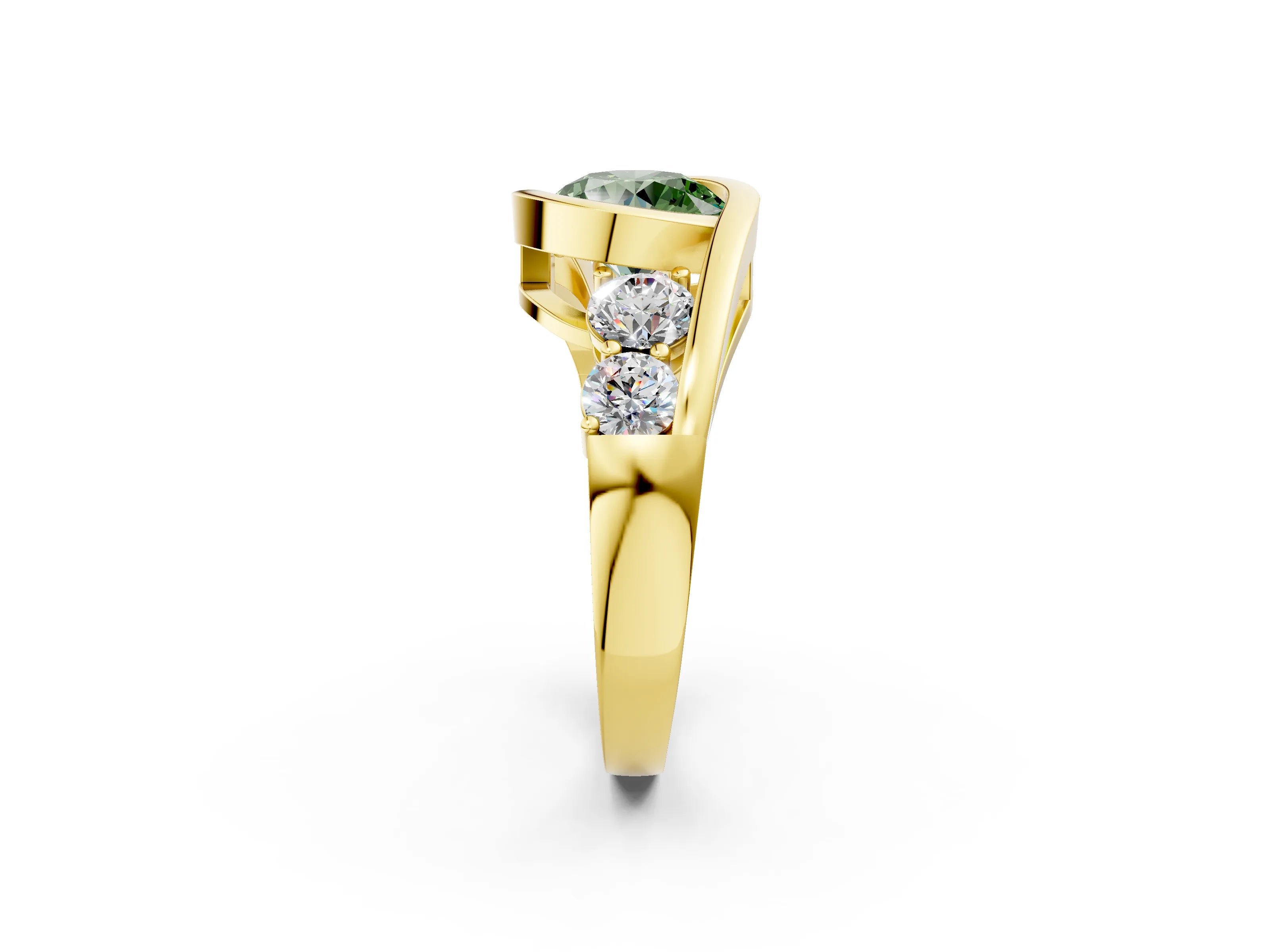 Yellow gold Bezel Set Fancy Green Round Cut Diamond Split Shank Ring_2