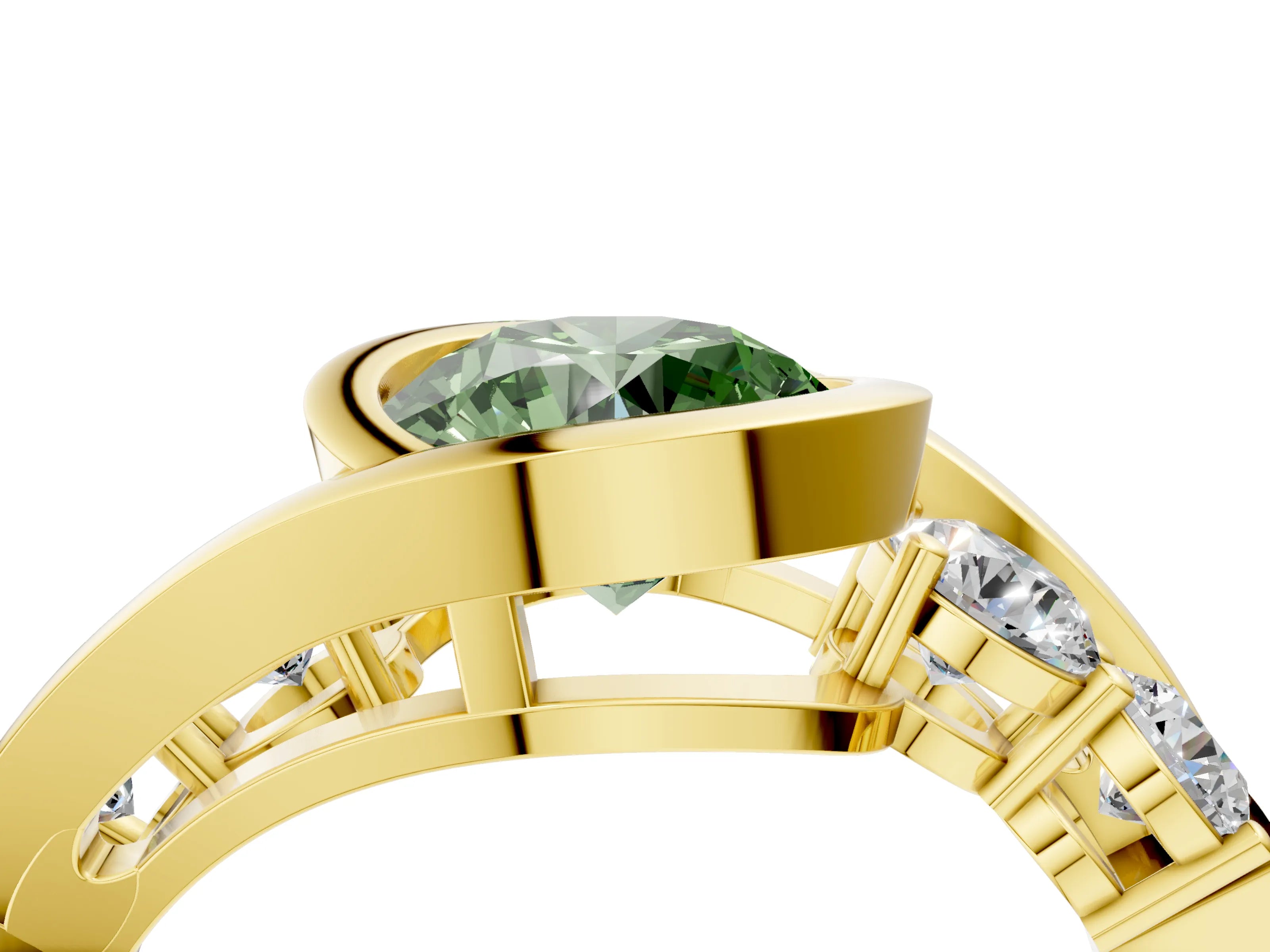 Yellow gold Bezel Set Fancy Green Round Cut Diamond Split Shank Ring_4