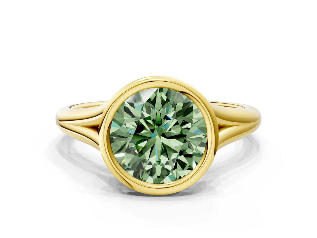 Yellow gold Bezel Set Fancy Green Round  Cut Solitaire Ring with Tapered Band