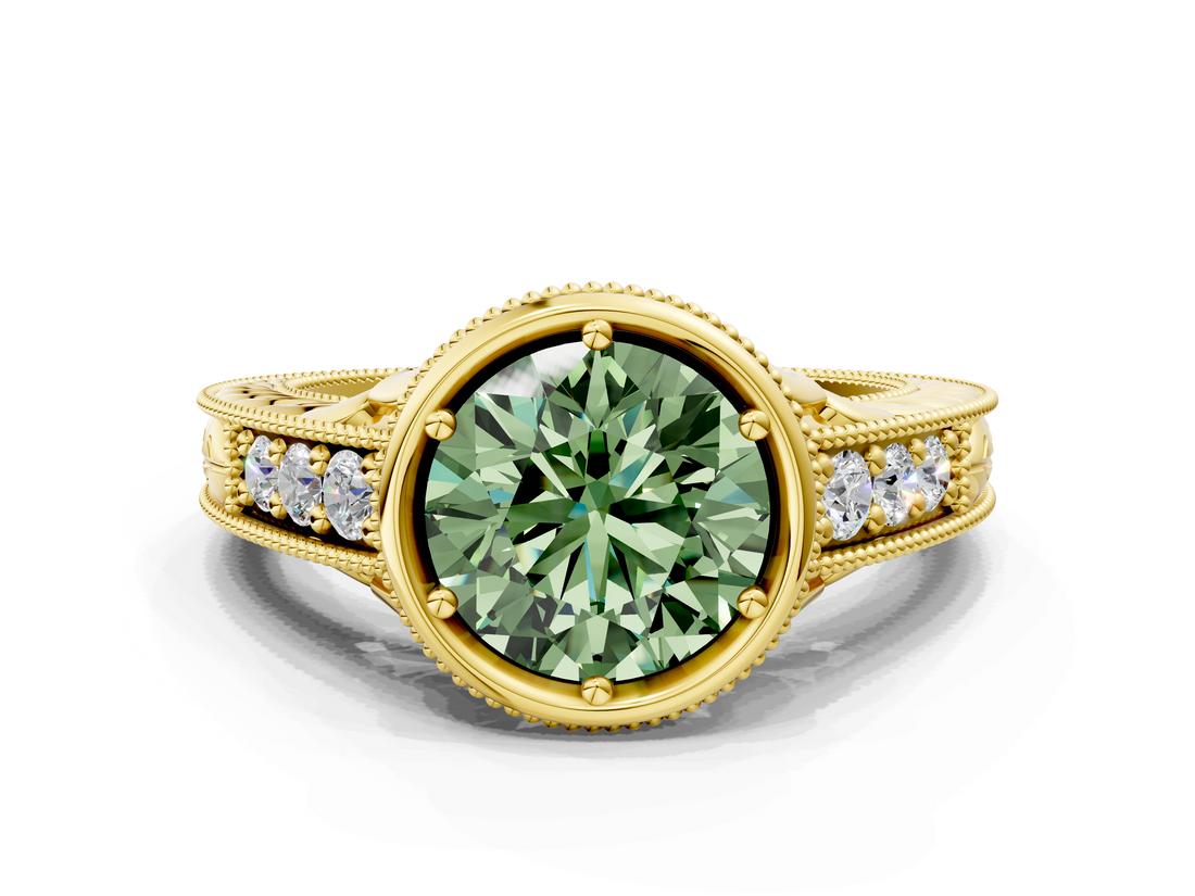 Yellow gold Bezel Set Fancy Green Round  Diamond Milgrain Pave Engagement Ring_33