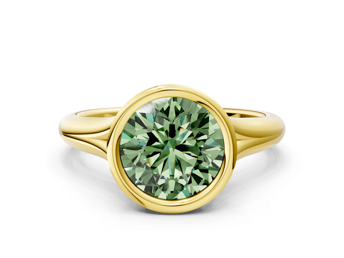 Yellow gold Bezel Set Fancy Green Round  Solitaire Diamond Ring with Smooth Band 1