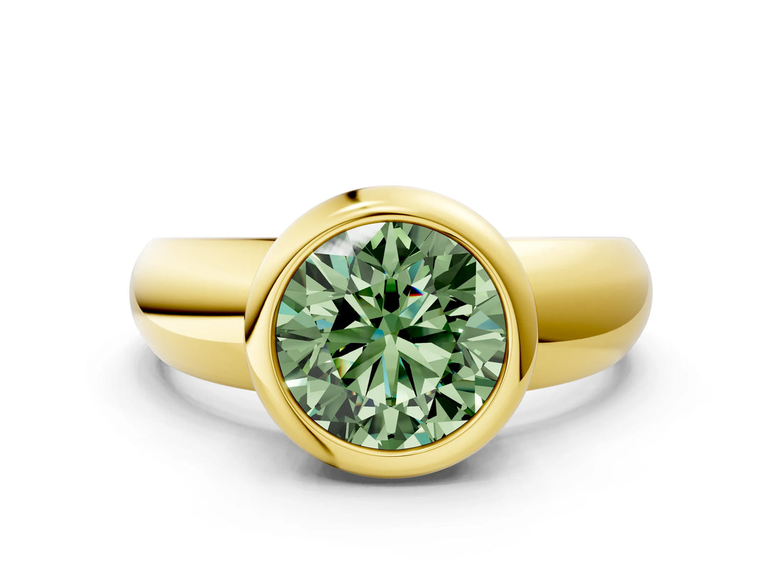 Yellow gold Bezel Set Fancy Green Round  Solitaire Ring with Wide Band 2