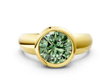 Yellow gold Bezel Set Fancy Green Round  Solitaire Ring with Wide Band 2
