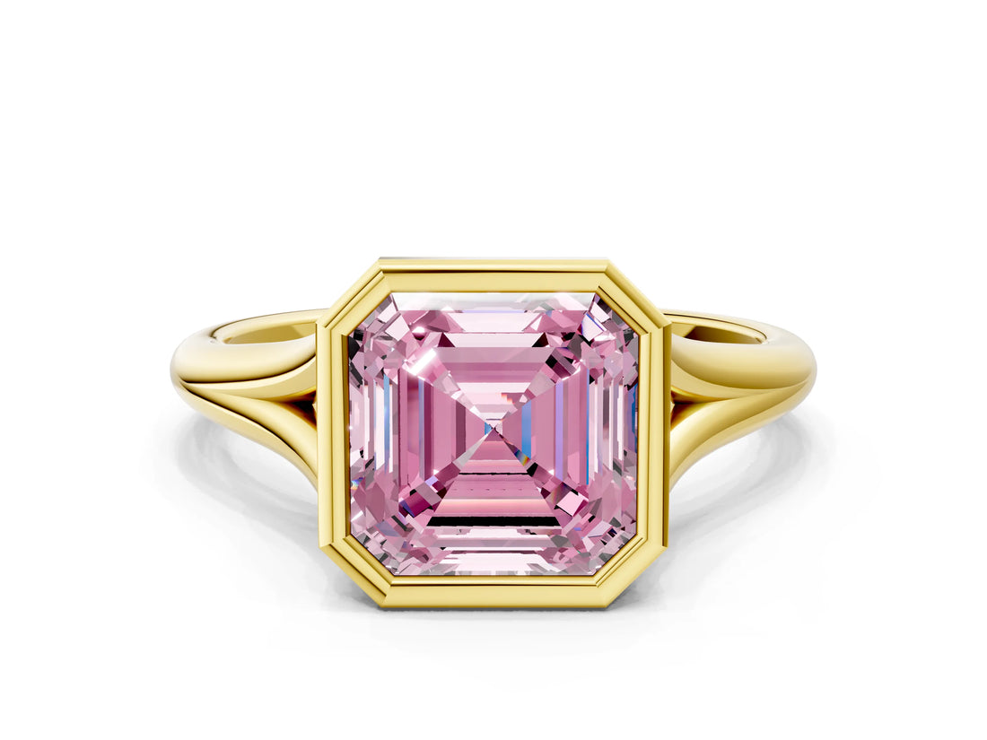 Yellow gold Bezel Set Fancy Pink Asscher  Cut Solitaire Ring with Tapered Band 1