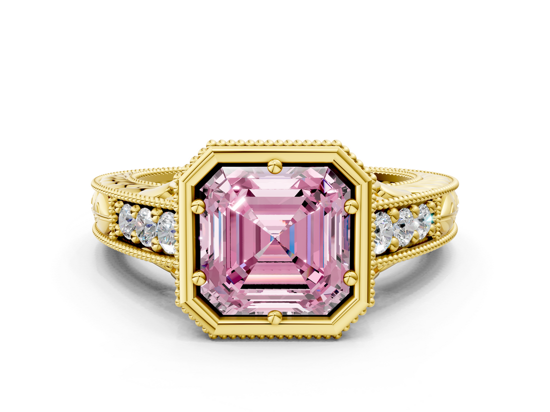 Yellow gold Bezel Set Fancy Pink Asscher  Diamond Milgrain Pave Engagement Ring_17