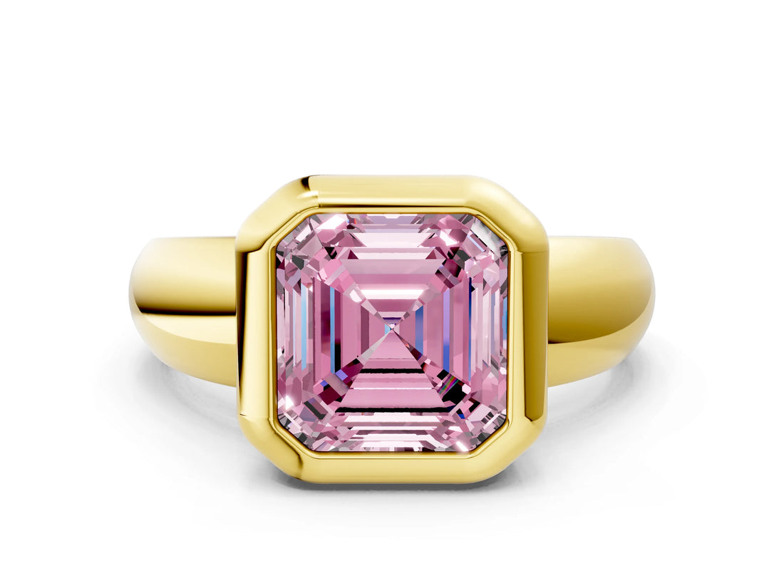 Yellow gold Bezel Set Fancy Pink Asscher  Solitaire Ring with Wide Band 1