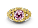 Yellow gold Bezel Set Fancy Pink Cushion Cut Diamond Milgrain Band Ring
