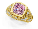 Yellow gold Bezel Set Fancy Pink Cushion Cut Diamond Milgrain Band Ring_1