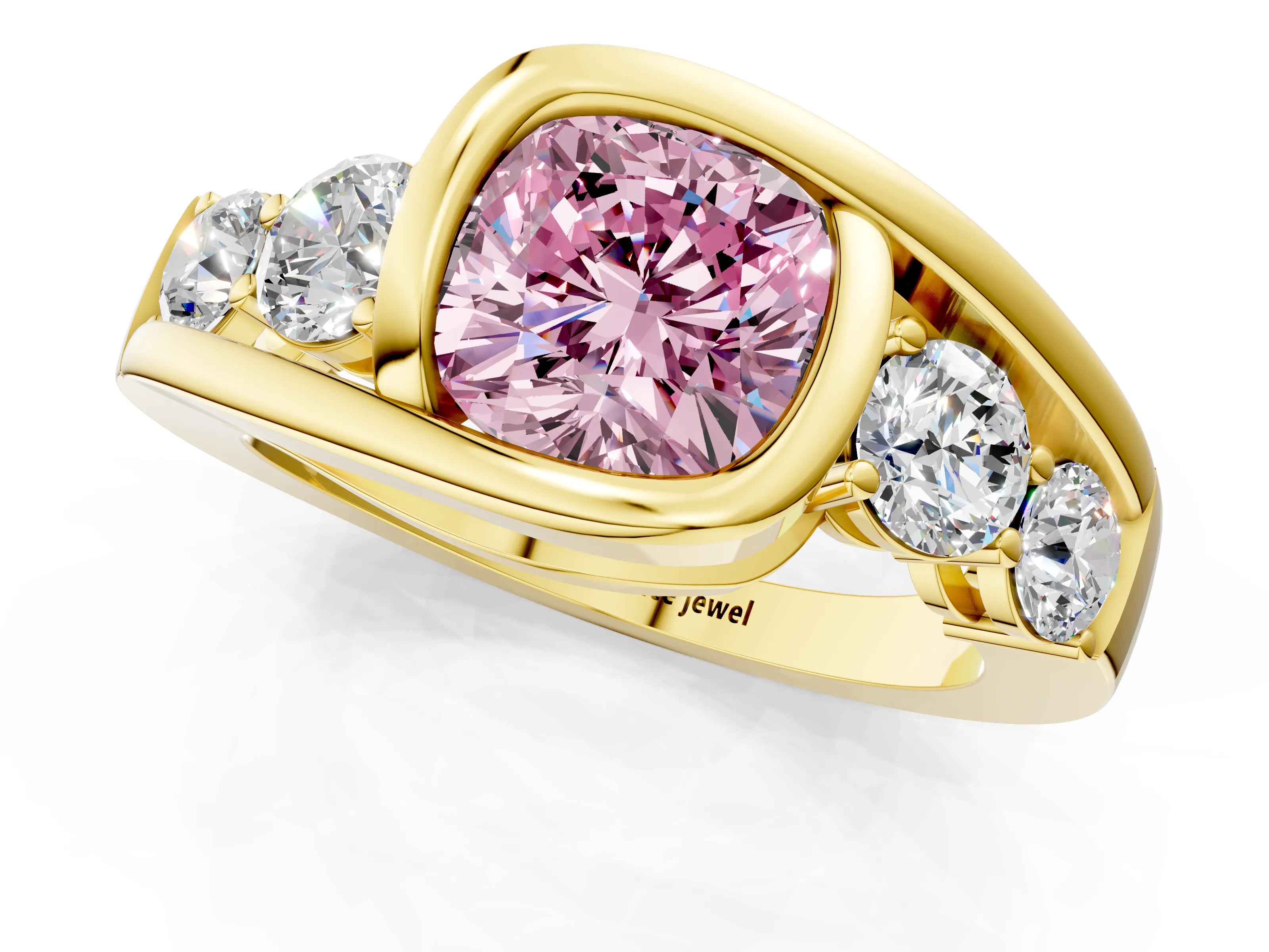 Yellow gold Bezel Set Fancy Pink Cushion Cut Diamond Split Shank Ring_1