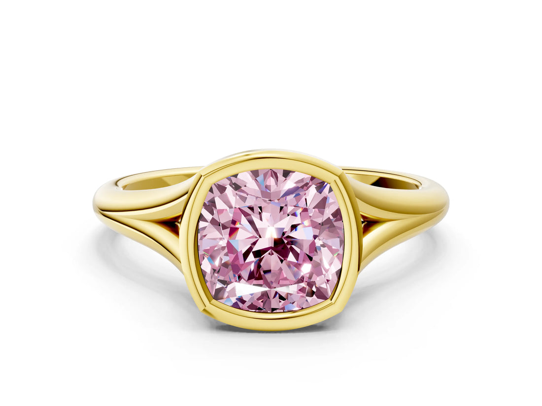 Yellow gold Bezel Set Fancy Pink Cushion  Cut Solitaire Ring with Tapered Band 2