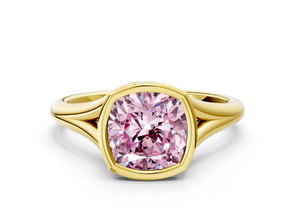 Yellow Gold Cushion Cut Bezel Engagement Ring Setting for Fancy Pink Center