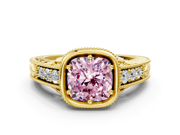 Yellow gold Bezel Set Fancy Pink Cushion  Diamond Milgrain Pave Engagement Ring