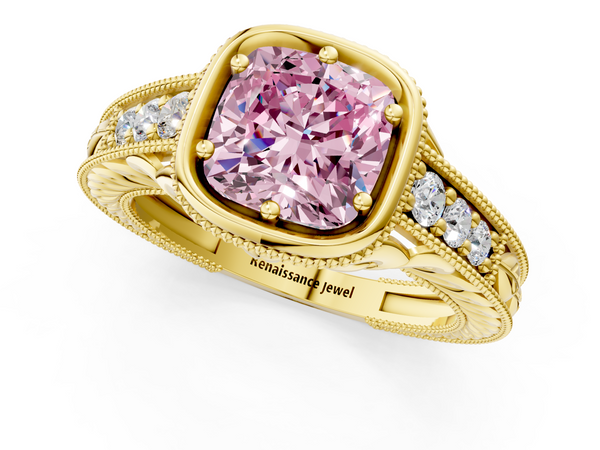 Yellow gold Bezel Set Fancy Pink Cushion  Diamond Milgrain Pave Engagement Ring