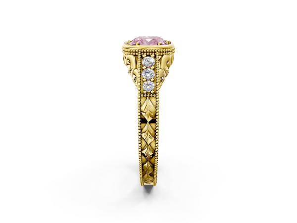 Yellow gold Bezel Set Fancy Pink Cushion  Diamond Milgrain Pave Engagement Ring
