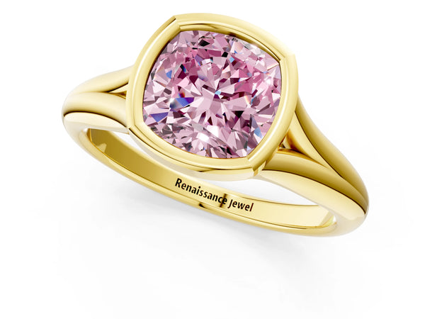 Yellow Gold Cushion Cut Bezel Solitaire Engagement Ring Setting for Fancy Pink Center