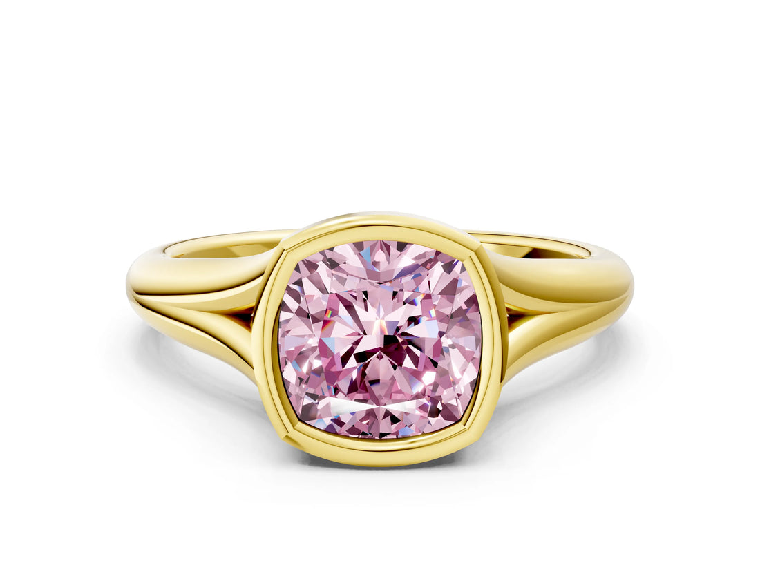 Yellow gold Bezel Set Fancy Pink Cushion  Solitaire Diamond Ring with Smooth Band