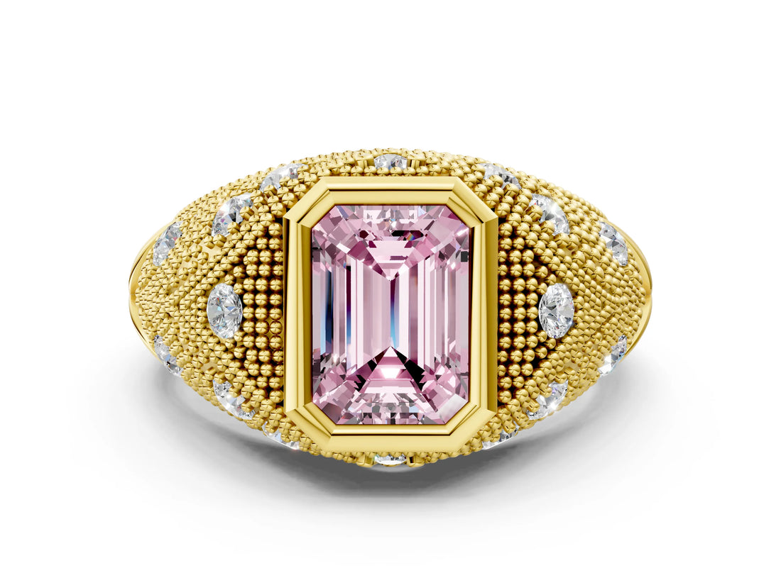 Yellow gold Bezel Set Fancy Pink Emerald Cut Diamond Milgrain Band Ring
