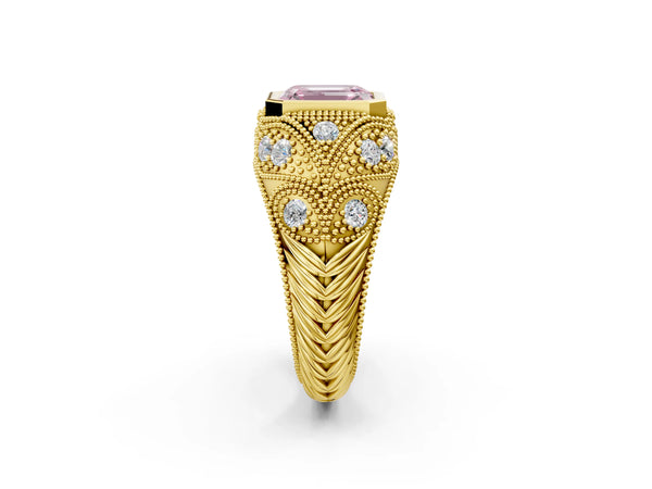 Yellow Gold Emerald Cut Vintage Bezel Engagement Ring Setting for Fancy Pink Center with Milgrain