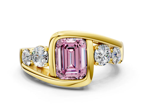 Yellow gold Bezel Set Fancy Pink Emerald Cut Diamond Split Shank Ring