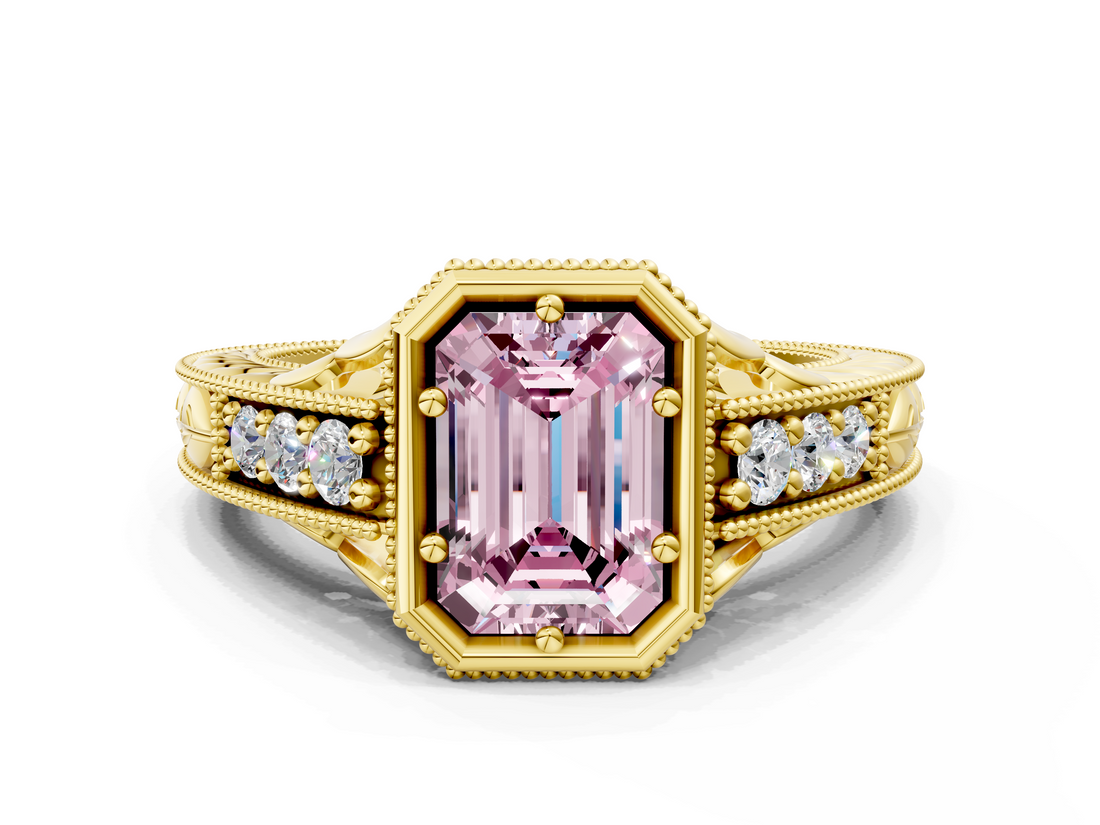 Yellow gold Bezel Set Fancy Pink Emerald  Diamond Milgrain Pave Engagement Ring_33