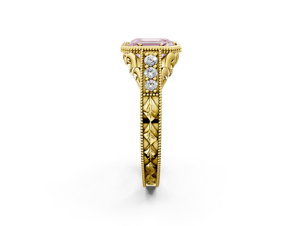 Yellow gold Bezel Set Fancy Pink Emerald  Diamond Milgrain Pave Engagement Ring