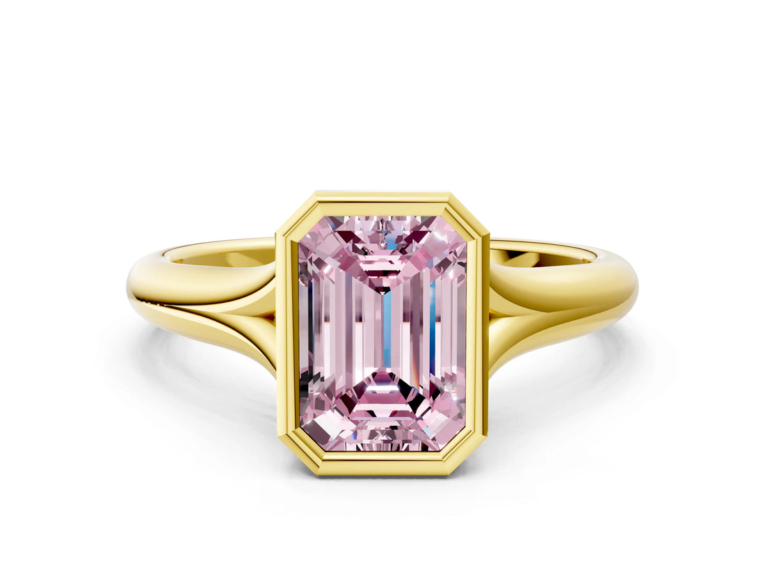 Yellow gold Bezel Set Fancy Pink Emerald  Solitaire Diamond Ring with Smooth Band