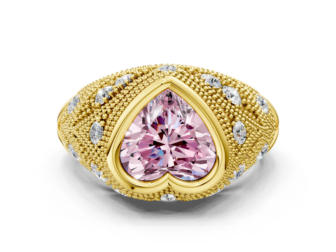 Yellow gold Bezel Set Fancy Pink Heart Cut Diamond Milgrain Band Ring