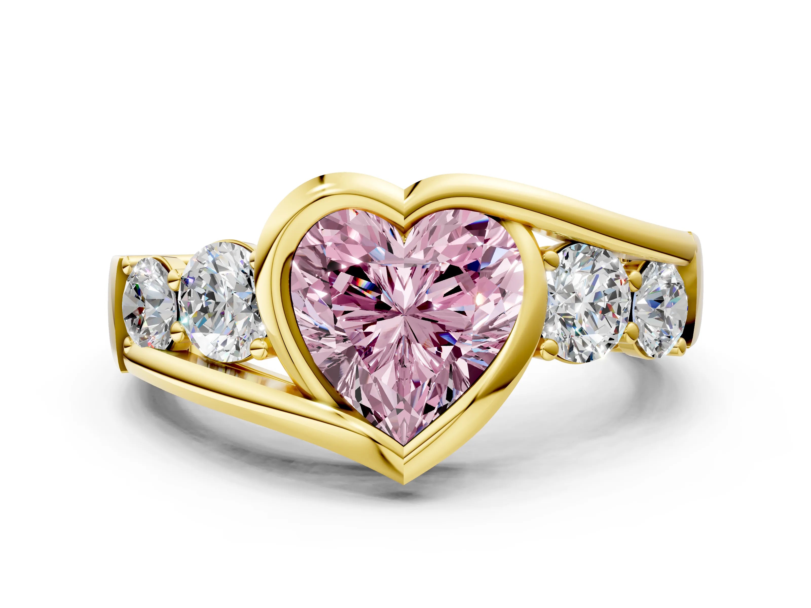 Yellow gold Bezel Set Fancy Pink Heart Cut Diamond Split Shank Ring