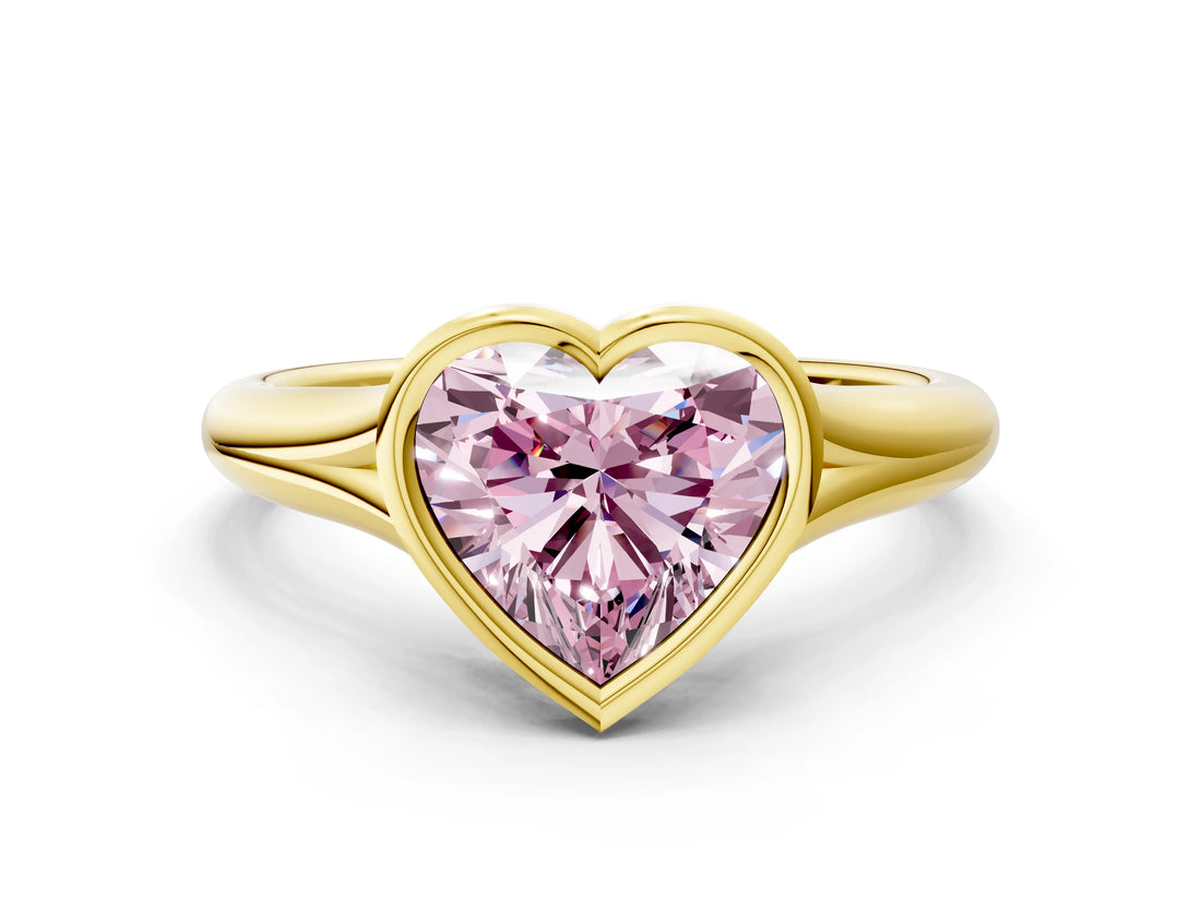 Yellow gold Bezel Set Fancy Pink Heart  Solitaire Diamond Ring with Smooth Band 1