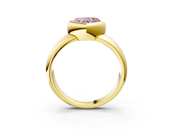 Yellow gold Bezel Set Fancy Pink Heart  Solitaire Ring with Wide Band
