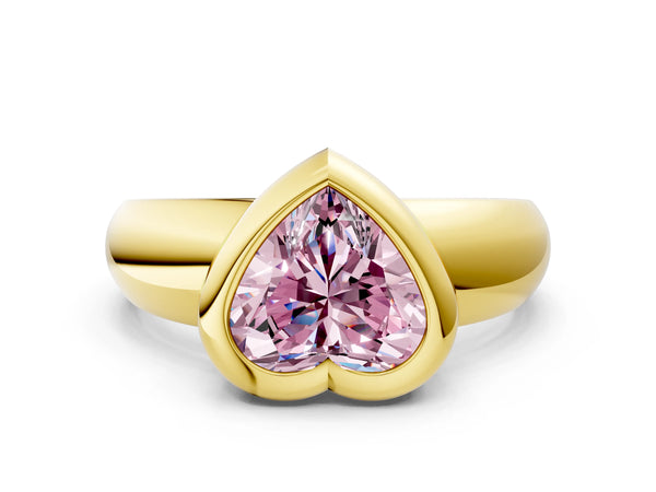 Yellow gold Bezel Set Fancy Pink Heart  Solitaire Ring with Wide Band