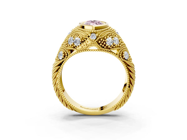 Yellow Gold Marquise Vintage Bezel Engagement Ring Setting for Fancy Pink Center with Milgrain