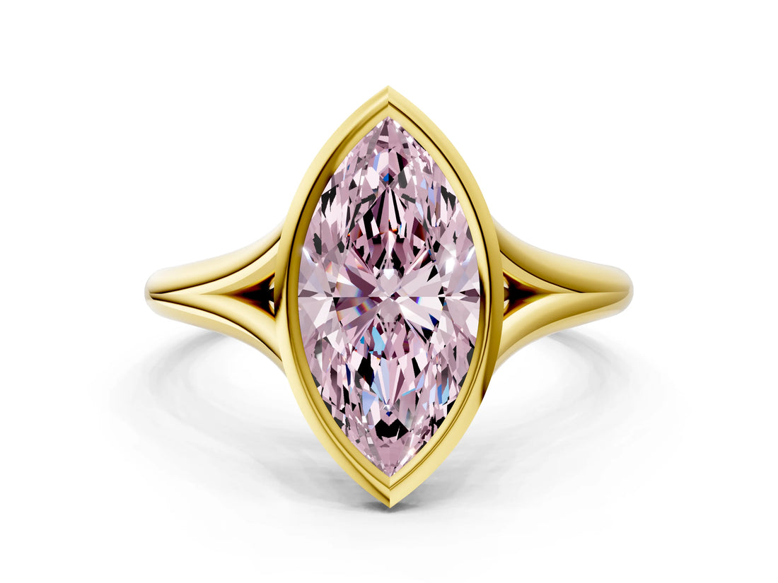 Yellow gold Bezel Set Fancy Pink Marquise  Cut Solitaire Ring with Tapered Band 1