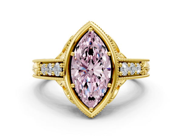 Yellow gold Bezel Set Fancy Pink Marquise  Diamond Milgrain Pave Engagement Ring