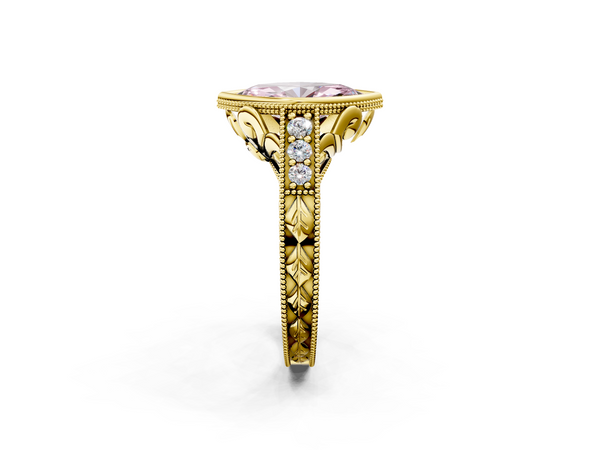 Yellow gold Bezel Set Fancy Pink Marquise  Diamond Milgrain Pave Engagement Ring