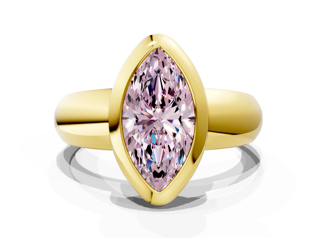 Yellow gold Bezel Set Fancy Pink Marquise  Solitaire Ring with Wide Band 1