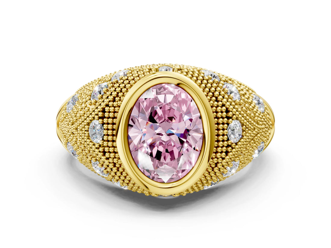 Yellow gold Bezel Set Fancy Pink Oval Cut Diamond Milgrain Band Ring