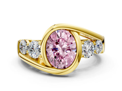 Yellow gold Bezel Set Fancy Pink Oval Cut Diamond Split Shank Ring