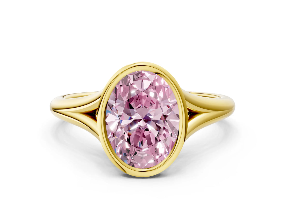 Yellow gold Bezel Set Fancy Pink Oval  Cut Solitaire Ring with Tapered Band