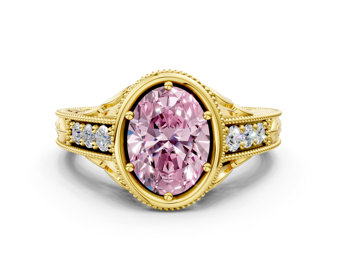 Yellow gold Bezel Set Fancy Pink Oval  Diamond Milgrain Pave Engagement Ring_33