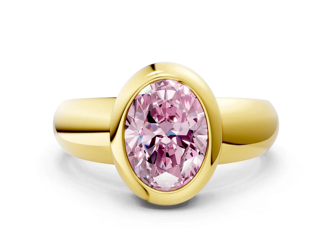 Yellow gold Bezel Set Fancy Pink Oval  Solitaire Ring with Wide Band 1